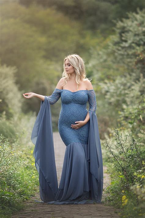 Fashion Maternity Dress For Photo Shoot Maternity Gown Long Sleeves Lace Stitching Fancy Women