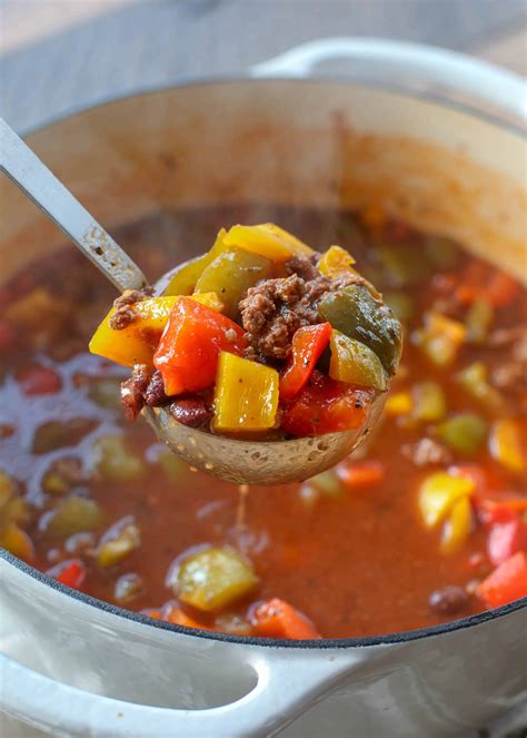 A distinctive menu addition that combines chunks of green bell peppers, ground beef, . {Slow-Cooker} Stuffed Pepper Soup | Barefeet in the Kitchen
