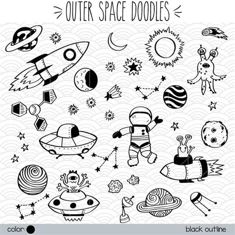 Outer Space Hand Drawn Graphics Planets Astronauts And Rocket Ship
