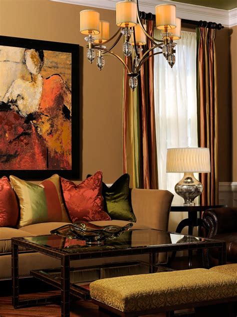 Art Deco Chandelier In Warm Transitional Living Room Hgtv