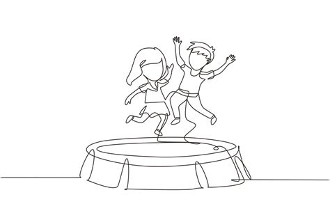 Continuous One Line Drawing Happy Girl And Boy Jumping Together On