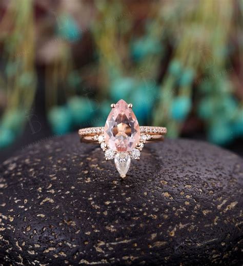 Morganite Engagement Ring Set Pear Shaped Vintage Moissanite Etsy