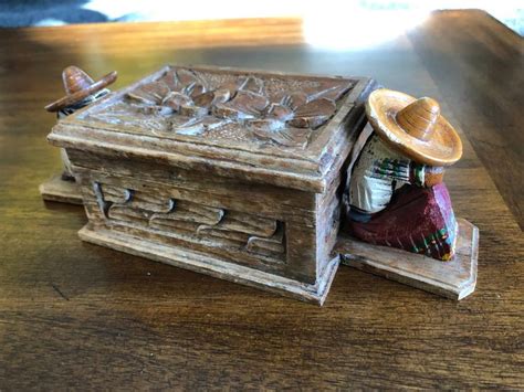 Vintage Carved Wood Box Mexican Sombrero Siesta Figures Flower Etsy