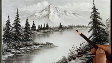 Pencil Drawing Landscape Scenery Snow Mountain Landscape Drawing With