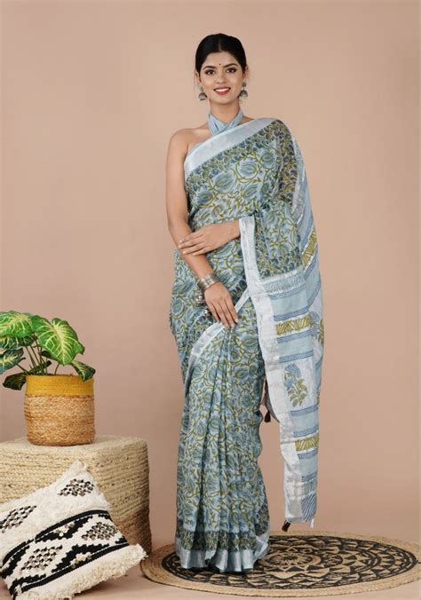 shivanya handicrafts women s linen hand block printed saree with blouse piece cl 024 at rs 650