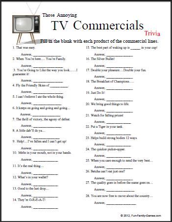 An answer key for the crossword puzzle is provided. This TV Commercials Trivia game will certainly test the ...