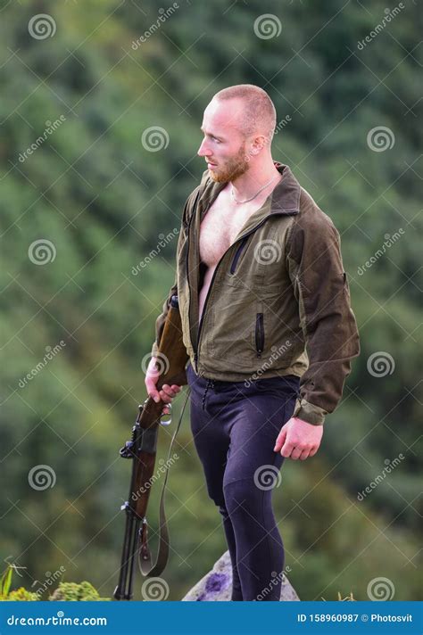 Illegal Hunting Man Brutal Poacher With Weapon Natural Landscape