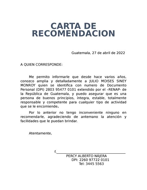 Modelo Carta De Recomendacion Personal Guatemala
