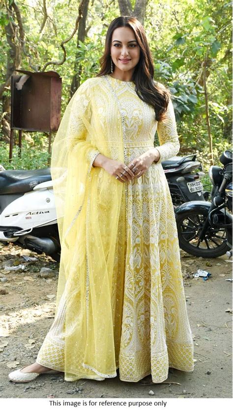 Bollywood Made To Order Anarkalibollywood Sonakshi Sinha Yellow Georgette Lucknowi Anarkali With