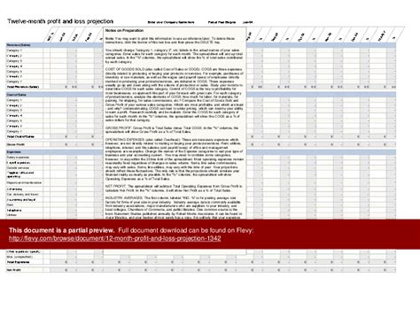12 Month Profit And Loss Projection Excel Workbook Xls Flevy