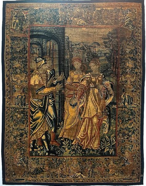 Brussels Historical Tapestry Of Two Maidens And Two Soldiers Late