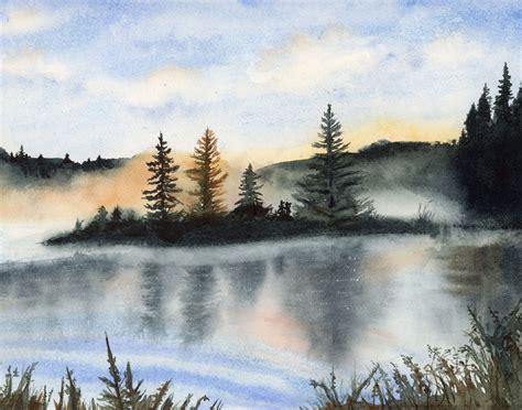 Misty Morning Lake Scene Art Print Watercolor Landscape Etsy