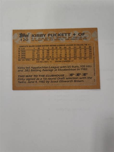 1988 Topps Kirby Puckett Baseball Card 120 Minnesota Twins Ebay