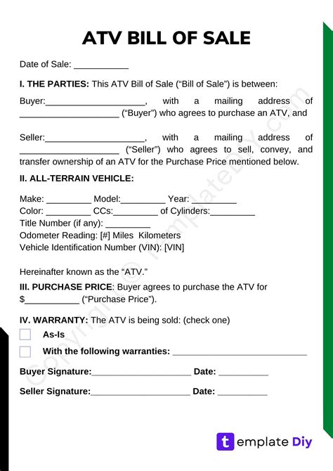 Atv Bill Of Sale Blank Printable Form Template In Pdf And Word