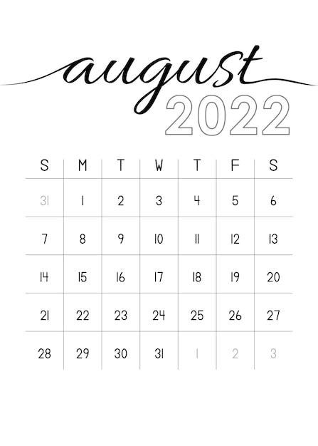 Calendario Mensual Agosto 2022 Vector Premium