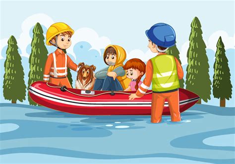 Flood Survivors Sitting In Inflatable Boat Rescued 7092607 Vector Art