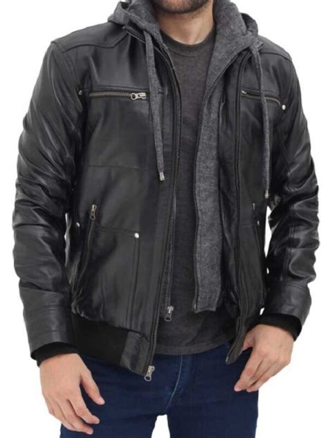 Black Biker Mens Leather Jacket With Hood Latest Collection