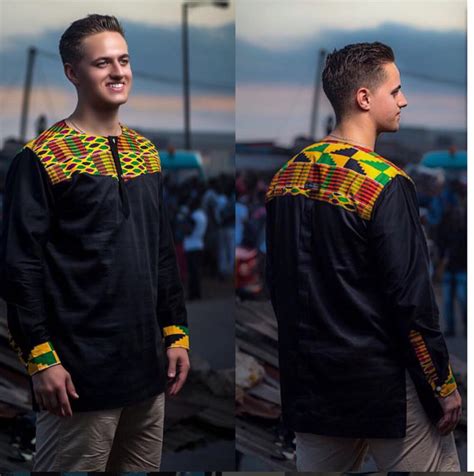 Kente And Black Cotton Mens Long Sleeve Shirt Mens African