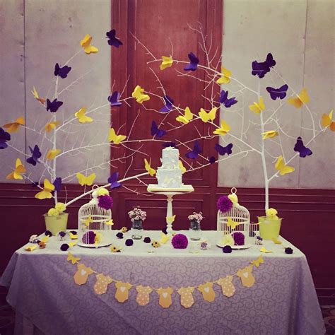 There are so many darling ideas here. Butterfly themed baby shower. Yellow and purple theme ...