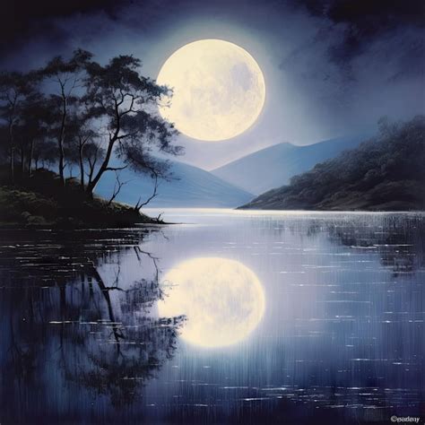 Premium AI Image Illustration Of A Night View On A Lake With A Full Moon