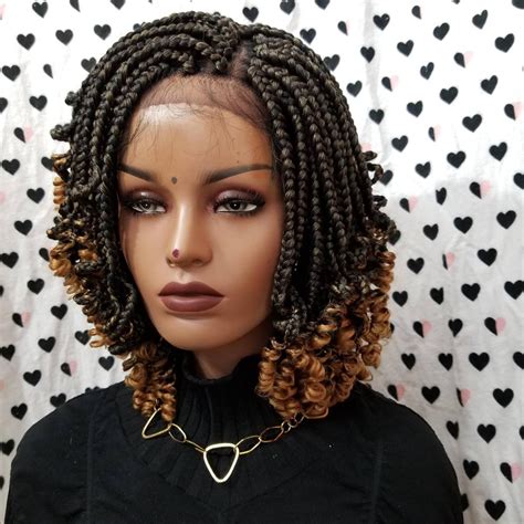 Handmade Box Braid Braided Lace Front Wig With Curly Ends Colors 1b27