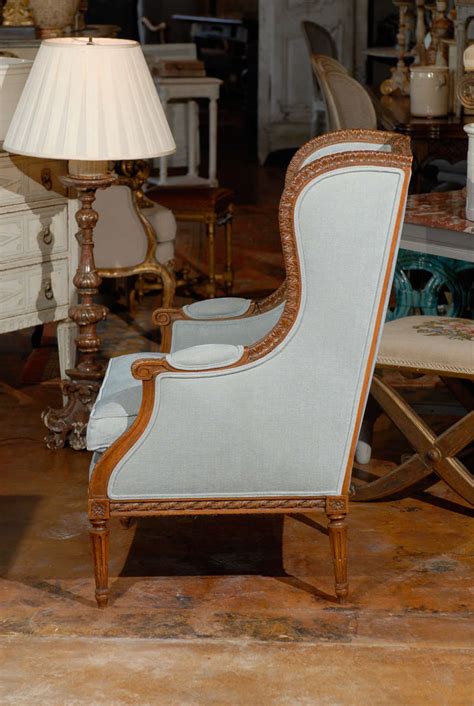 French Walnut Louis Xvi Style Wingback Bergère Chair With Light Blue