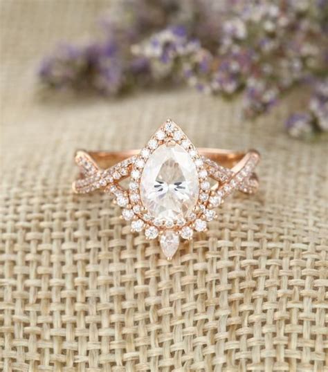 Unique Moissanite Engagement Ring Pear Shaped Rose Gold Halo Etsy