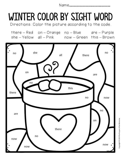 Color By Sight Word Winter Kindergarten Worksheets Hot Chocolate The