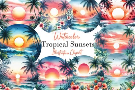 Watercolor Tropical Sunsets Clipart Graphic By Dreamshop · Creative Fabrica