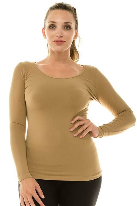 womens long sleeve stretch plain round scoop neck t shirt top ladies fitted tee ebay women