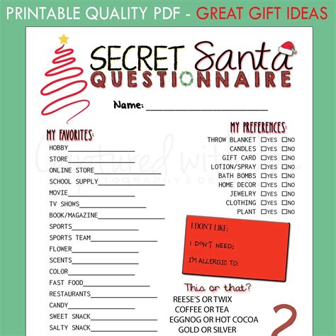 Printable Pdf Secret Santa Questionnaire For Gift Exchange Etsy Uk