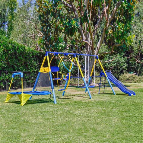 Metal Swing Set Outdoor Backyard Playset Trampoline Slide Toddler Fun