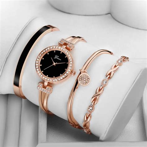 4 Pcs Set Ginave Watch Women Rose Gold Diamond Bracelet Watch Luxury