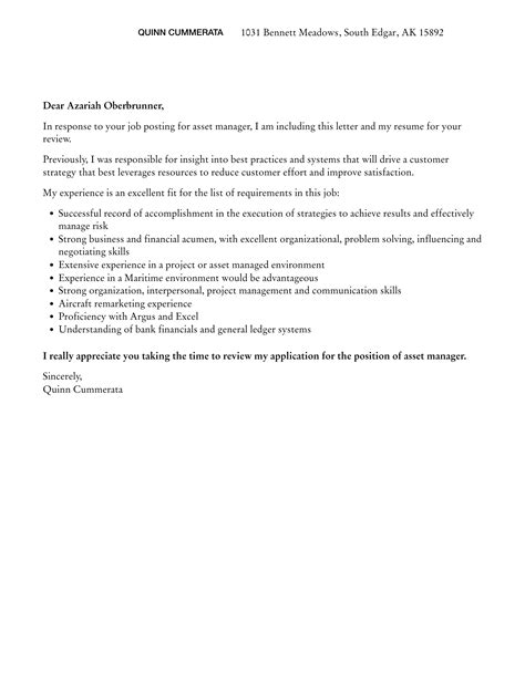 Asset Manager Cover Letter Velvet Jobs