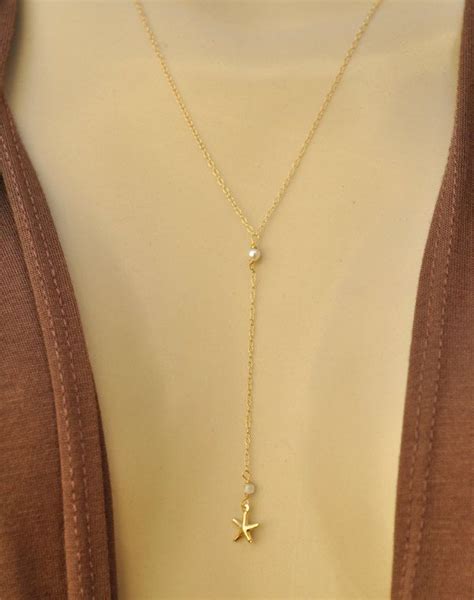 Gold Star Lariat Necklace With Kt Gold Filled Dainty Chain Y Necklace