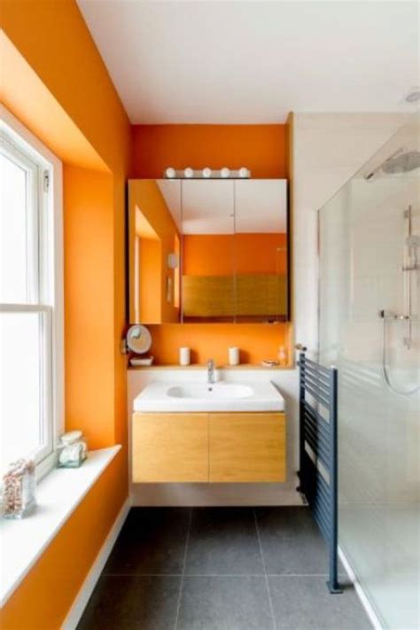 Orange Bathroom With Grey Tile Floors Orange Bathrooms Orange