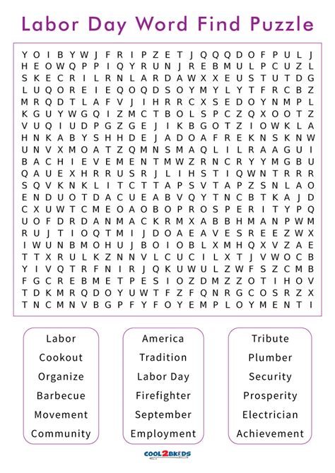 Labor Day Printable Word Search