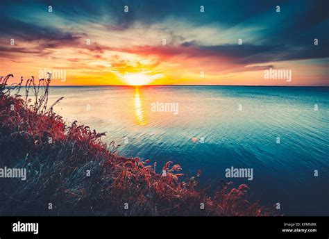 Colorful And Dramatic Sunset Sky Ocean Background Stock Photo Alamy
