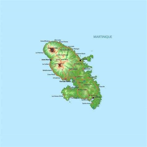 Elevation Map Of Martinique With Roads Cities And Airports Martinique North America