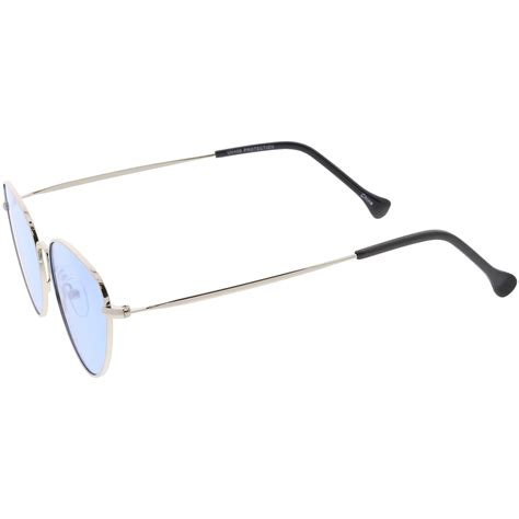 Womens Slim Metal Cat Eye Sunglasses Color Tinted Flat Lens 54mm Silver Blue