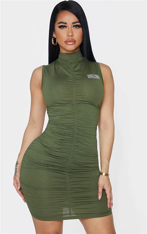 plt shape khaki new season ruched bodycon dress prettylittlething