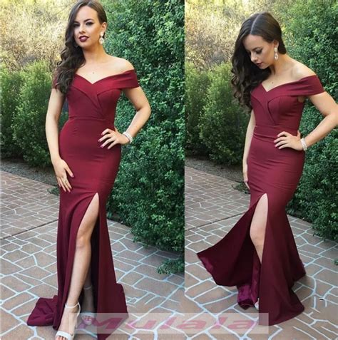 sexy off the shoulder burgundy mermaid long prom dress with slit · wendyhouse · online store