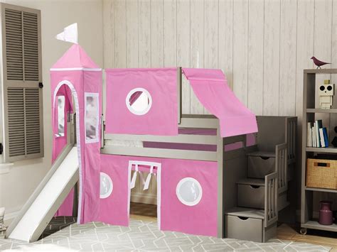 Princess Low Loft Stairway Bed With Slide Pink And White Tent And Tower
