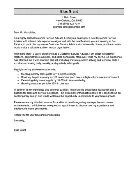 Free Sales Customer Service Advisor Cover Letter Examples And Templates