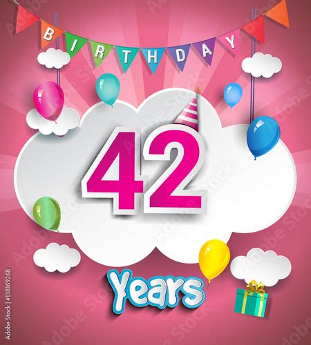 42 Years Birthday Celebration Design With Clouds And Balloons