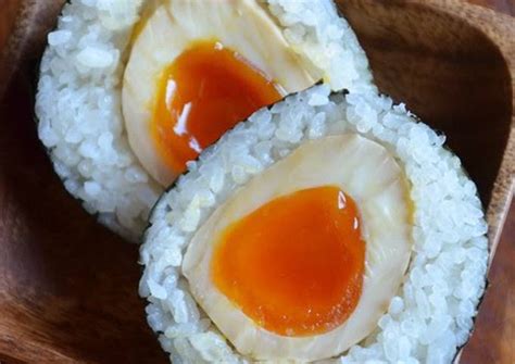 rich and exquisite onigiri with seasoned soft boiled eggs recipe by cookpad japan cookpad