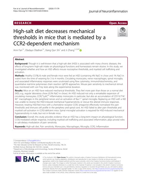 Pdf High Salt Diet Decreases Mechanical Thresholds In Mice That Is