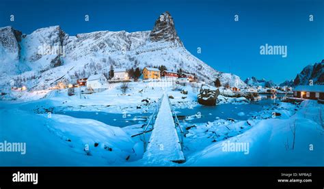 Famous Fishing Village Of Reine With A Small Bridge In Magical Morning