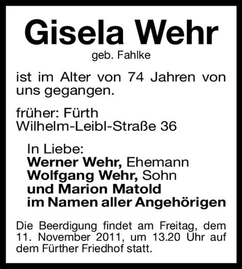 Traueranzeigen Von Gisela Wehr Trauer Nn De