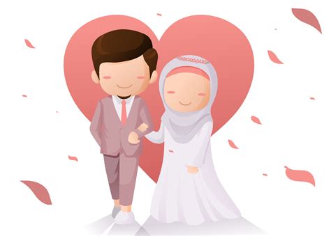Cute Moslem Or Muslim Couple Wedding Cartoon Illustration With Love Background 21082749 Vector